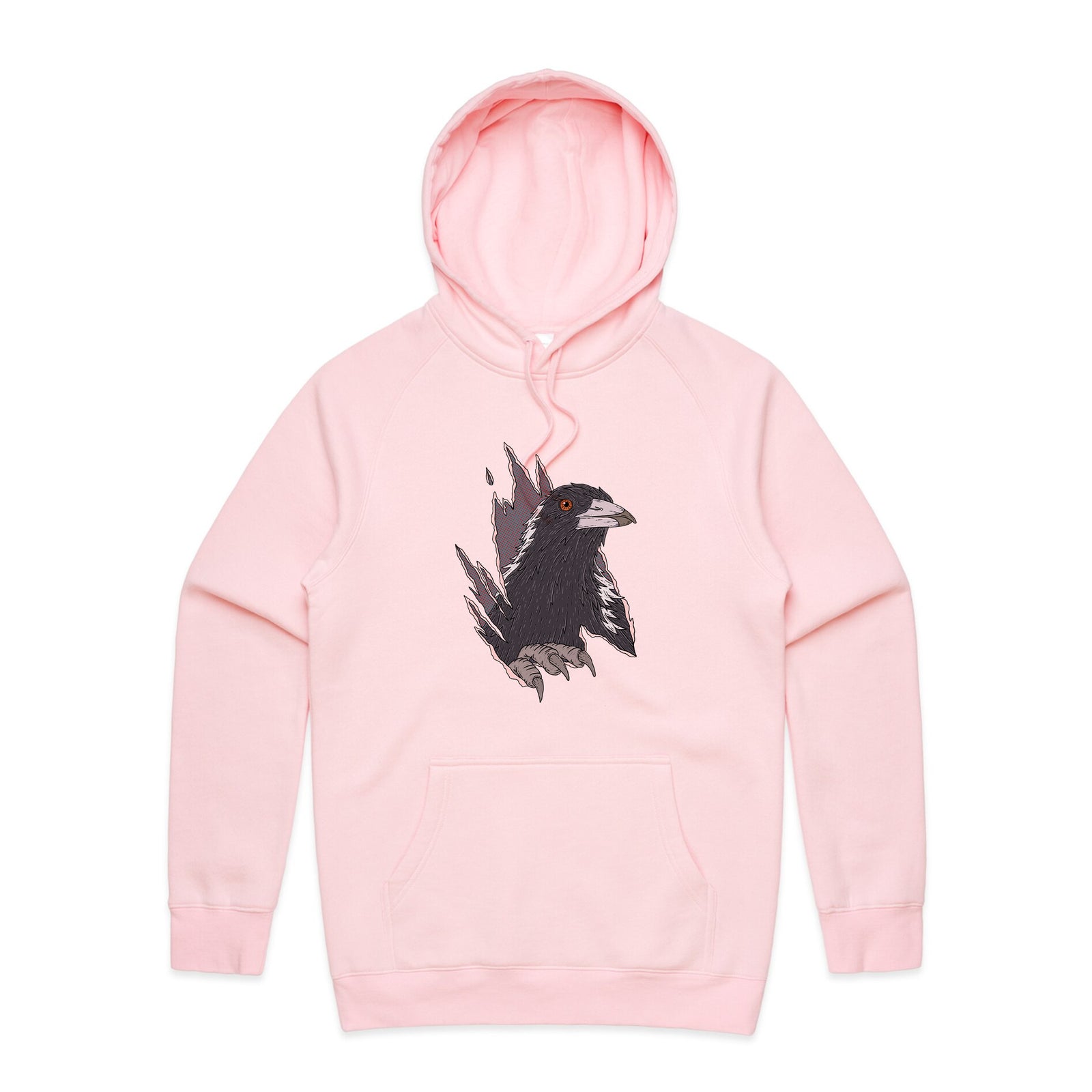 Magpie Attack Hoodie by Lonely Kids Club. All clothing from our T-shirts to our shorts and hoodies are ethically made, and printed packed and shipped from Sydney.