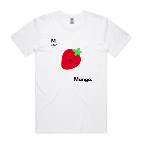 M Is For Mango Tee by Lonely Kids Club. All clothing from our T-shirts to our shorts and hoodies are ethically made, and printed packed and shipped from Sydney.