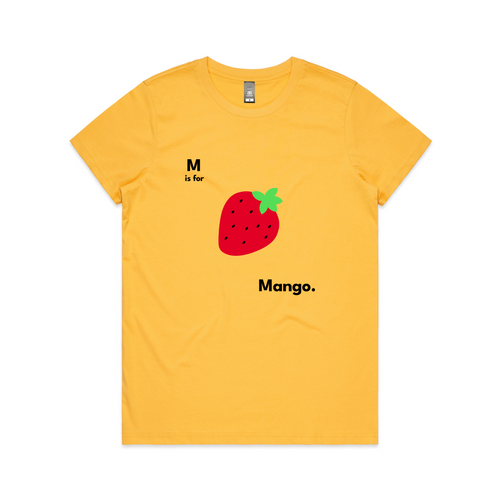 M Is For Mango Tee by Lonely Kids Club. All clothing from our T-shirts to our shorts and hoodies are ethically made, and printed packed and shipped from Sydney.