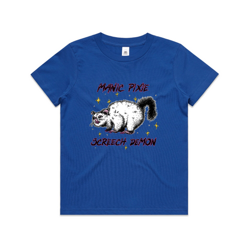 Manic Pixie Screech Demon Kids Tee by Lonely Kids Club. All clothing from our T-shirts to our shorts and hoodies are ethically made, and printed packed and shipped from Sydney.