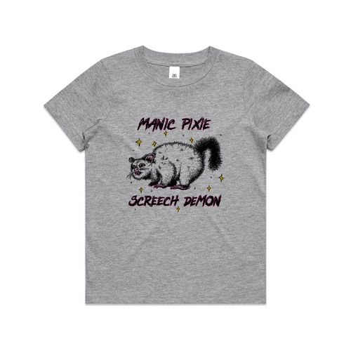 Manic Pixie Screech Demon Kids Tee by Lonely Kids Club. All clothing from our T-shirts to our shorts and hoodies are ethically made, and printed packed and shipped from Sydney.