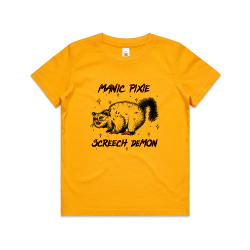 Manic Pixie Screech Demon Kids Tee by Lonely Kids Club. All clothing from our T-shirts to our shorts and hoodies are ethically made, and printed packed and shipped from Sydney.