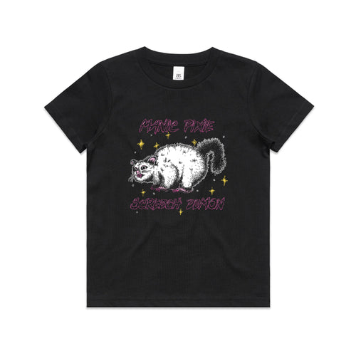 Manic Pixie Screech Demon Kids Tee by Lonely Kids Club. All clothing from our T-shirts to our shorts and hoodies are ethically made, and printed packed and shipped from Sydney.