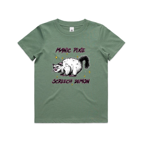 Manic Pixie Screech Demon Kids Tee by Lonely Kids Club. All clothing from our T-shirts to our shorts and hoodies are ethically made, and printed packed and shipped from Sydney.