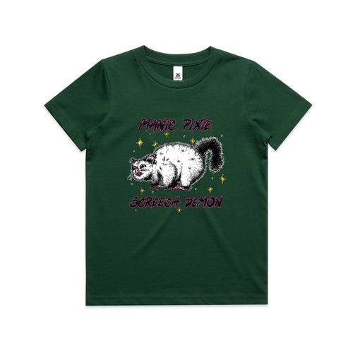 Manic Pixie Screech Demon Kids Tee by Lonely Kids Club. All clothing from our T-shirts to our shorts and hoodies are ethically made, and printed packed and shipped from Sydney.