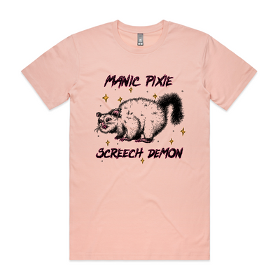 Manic Pixie Screech Demon Tee by Lonely Kids Club. All clothing from our T-shirts to our shorts and hoodies are ethically made, and printed packed and shipped from Sydney.