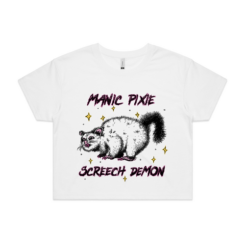 Manic Pixie Screech Demon Tee by Lonely Kids Club. All clothing from our T-shirts to our shorts and hoodies are ethically made, and printed packed and shipped from Sydney.