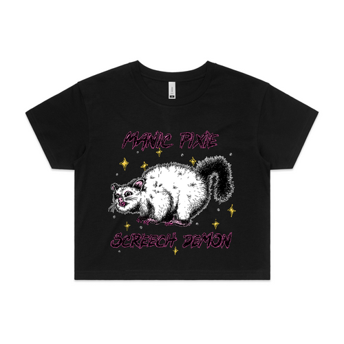 Manic Pixie Screech Demon Tee by Lonely Kids Club. All clothing from our T-shirts to our shorts and hoodies are ethically made, and printed packed and shipped from Sydney.