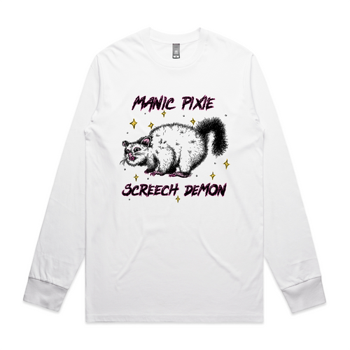 Manic Pixie Screech Demon Tee by Lonely Kids Club. All clothing from our T-shirts to our shorts and hoodies are ethically made, and printed packed and shipped from Sydney.
