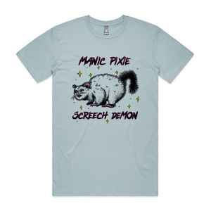 Manic Pixie Screech Demon Tee by Lonely Kids Club. All clothing from our T-shirts to our shorts and hoodies are ethically made, and printed packed and shipped from Sydney.