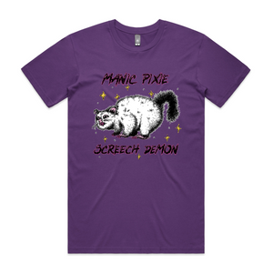 Manic Pixie Screech Demon Tee by Lonely Kids Club. All clothing from our T-shirts to our shorts and hoodies are ethically made, and printed packed and shipped from Sydney.