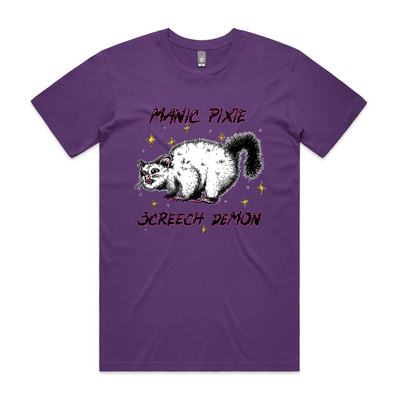 Manic Pixie Screech Demon Tee by Lonely Kids Club. All clothing from our T-shirts to our shorts and hoodies are ethically made, and printed packed and shipped from Sydney.