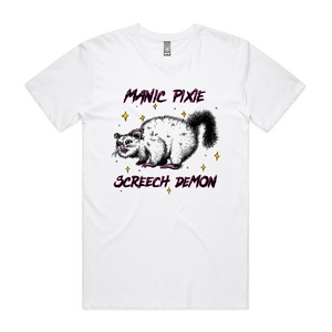 Manic Pixie Screech Demon Tee by Lonely Kids Club. All clothing from our T-shirts to our shorts and hoodies are ethically made, and printed packed and shipped from Sydney.