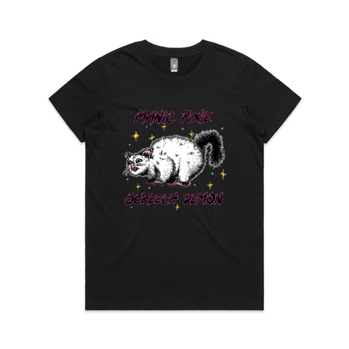 Manic Pixie Screech Demon Tee by Lonely Kids Club. All clothing from our T-shirts to our shorts and hoodies are ethically made, and printed packed and shipped from Sydney.