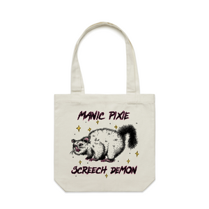 Manic Pixie Screech Demon Tote by Lonely Kids Club. All clothing from our T-shirts to our shorts and hoodies are ethically made, and printed packed and shipped from Sydney.