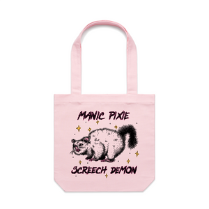 Manic Pixie Screech Demon Tote by Lonely Kids Club. All clothing from our T-shirts to our shorts and hoodies are ethically made, and printed packed and shipped from Sydney.