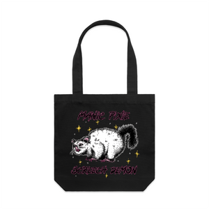 Manic Pixie Screech Demon Tote by Lonely Kids Club. All clothing from our T-shirts to our shorts and hoodies are ethically made, and printed packed and shipped from Sydney.