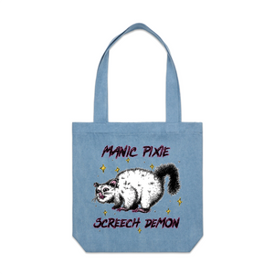 Manic Pixie Screech Demon Tote by Lonely Kids Club. All clothing from our T-shirts to our shorts and hoodies are ethically made, and printed packed and shipped from Sydney.