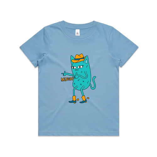 Meowdy Kids Tee by Lonely Kids Club. All clothing from our T-shirts to our shorts and hoodies are ethically made, and printed packed and shipped from Sydney.