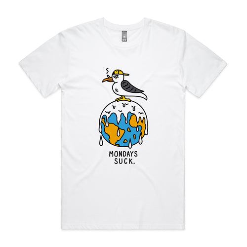 Mondays Suck Tee by Lonely Kids Club. All clothing from our T-shirts to our shorts and hoodies are ethically made, and printed packed and shipped from Sydney.