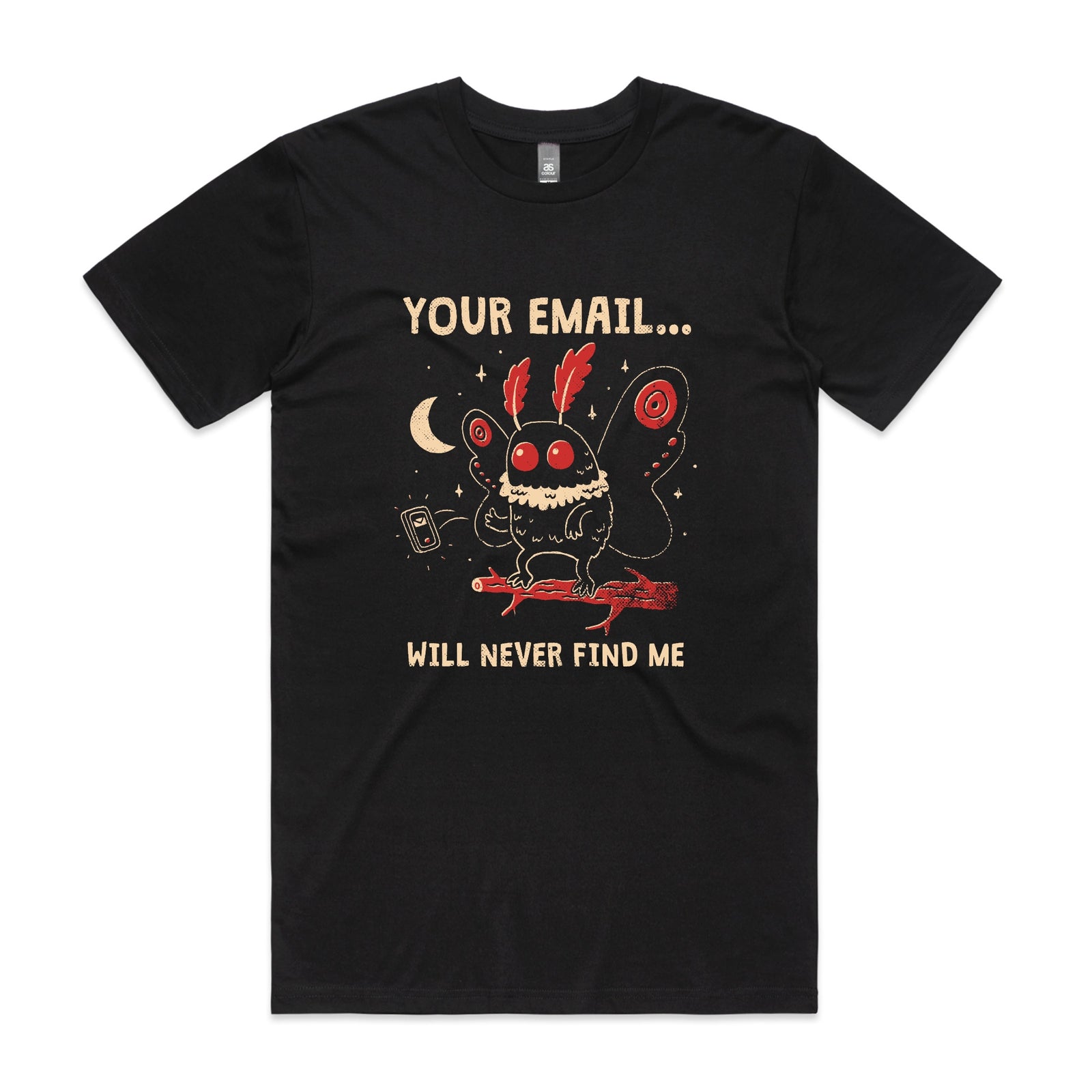Mothman Is Offline Tee by Lonely Kids Club. All clothing from our T-shirts to our shorts and hoodies are ethically made, and printed packed and shipped from Sydney.