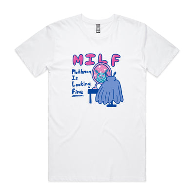 Mothman Is Looking Fine Tee by Lonely Kids Club. All clothing from our T-shirts to our shorts and hoodies are ethically made, and printed packed and shipped from Sydney.