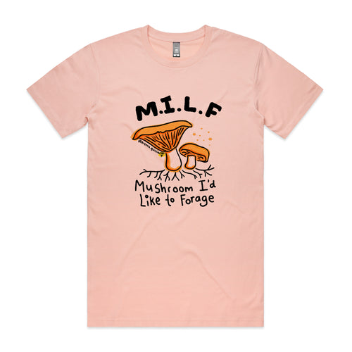 Mushroom MILF Tee by Lonely Kids Club. All clothing from our T-shirts to our shorts and hoodies are ethically made, and printed packed and shipped from Sydney.