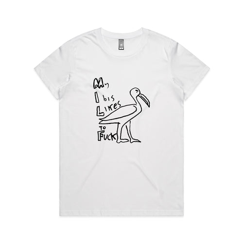 My Ibis Likes To Fuck Tee by Lonely Kids Club. All clothing from our T-shirts to our shorts and hoodies are ethically made, and printed packed and shipped from Sydney.