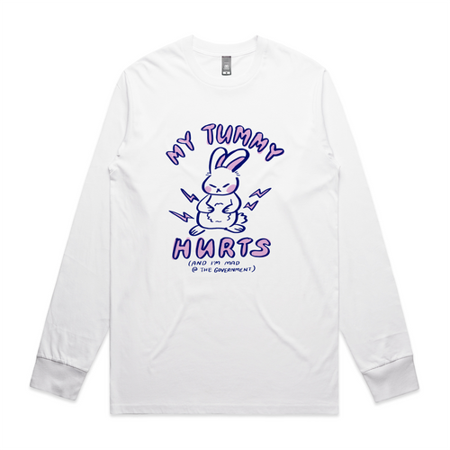 My Tummy Hurts Tee by Lonely Kids Club. All clothing from our T-shirts to our shorts and hoodies are ethically made, and printed packed and shipped from Sydney.