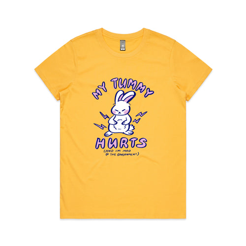 My Tummy Hurts Tee by Lonely Kids Club. All clothing from our T-shirts to our shorts and hoodies are ethically made, and printed packed and shipped from Sydney.