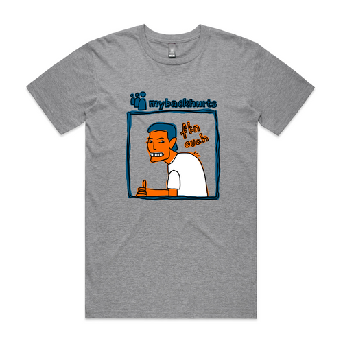 Mybackhurts Tee by Lonely Kids Club. All clothing from our T-shirts to our shorts and hoodies are ethically made, and printed packed and shipped from Sydney.