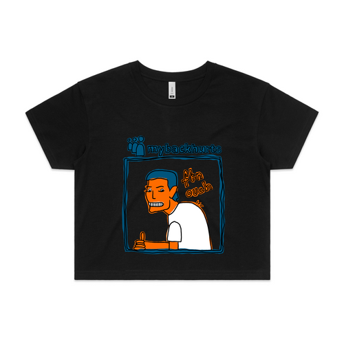 Mybackhurts Tee by Lonely Kids Club. All clothing from our T-shirts to our shorts and hoodies are ethically made, and printed packed and shipped from Sydney.