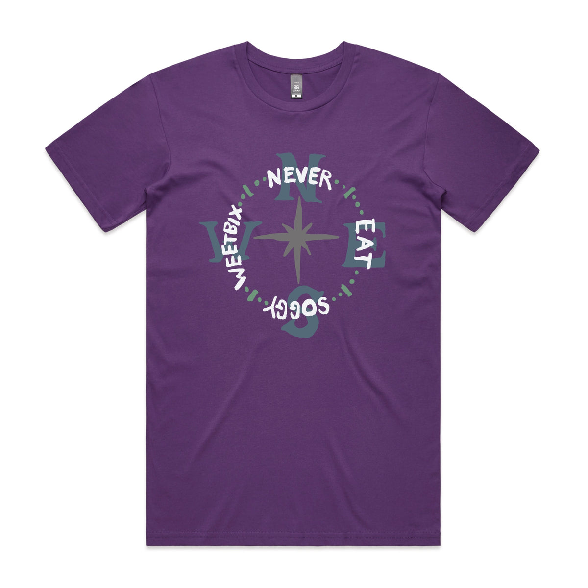 Purple unisex t-shirt with Never Eat Soggy Weetbix graphic by Lonely Kids Club