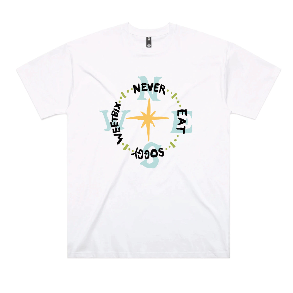 White oversized t-shirt with Never Eat Soggy Weetbix graphic by Lonely Kids Club