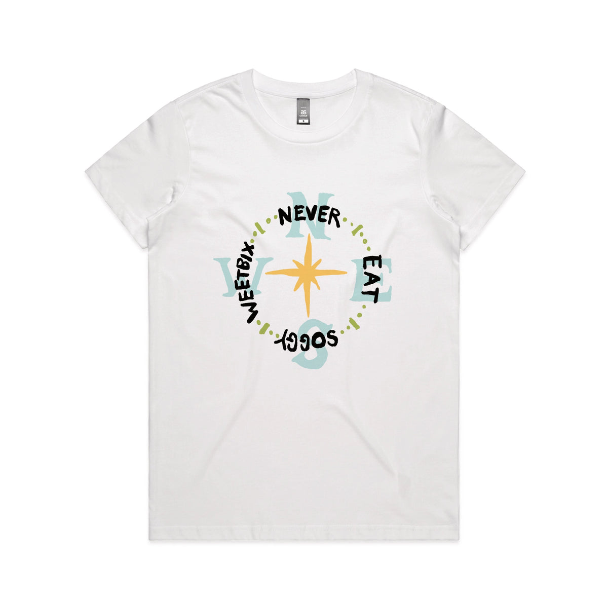 White fitted womens t-shirt with Never Eat Soggy Weetbix graphic by Lonely Kids Club