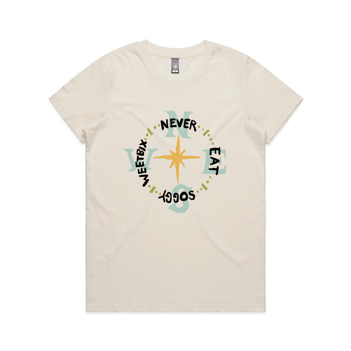 Ecru fitted womens t-shirt with Never Eat Soggy Weetbix graphic by Lonely Kids Club