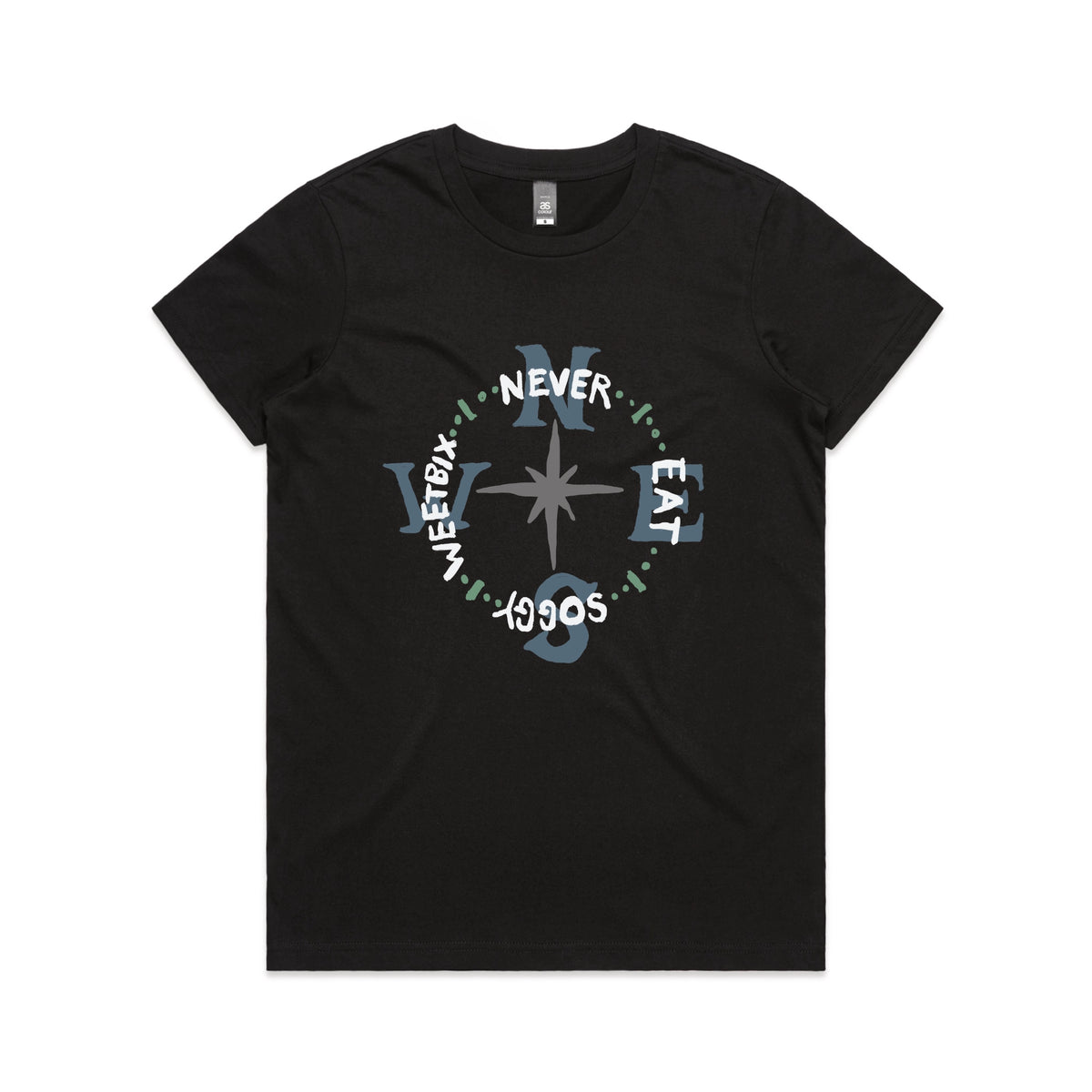 Black fitted womens t-shirt with Never Eat Soggy Weetbix graphic by Lonely Kids Club