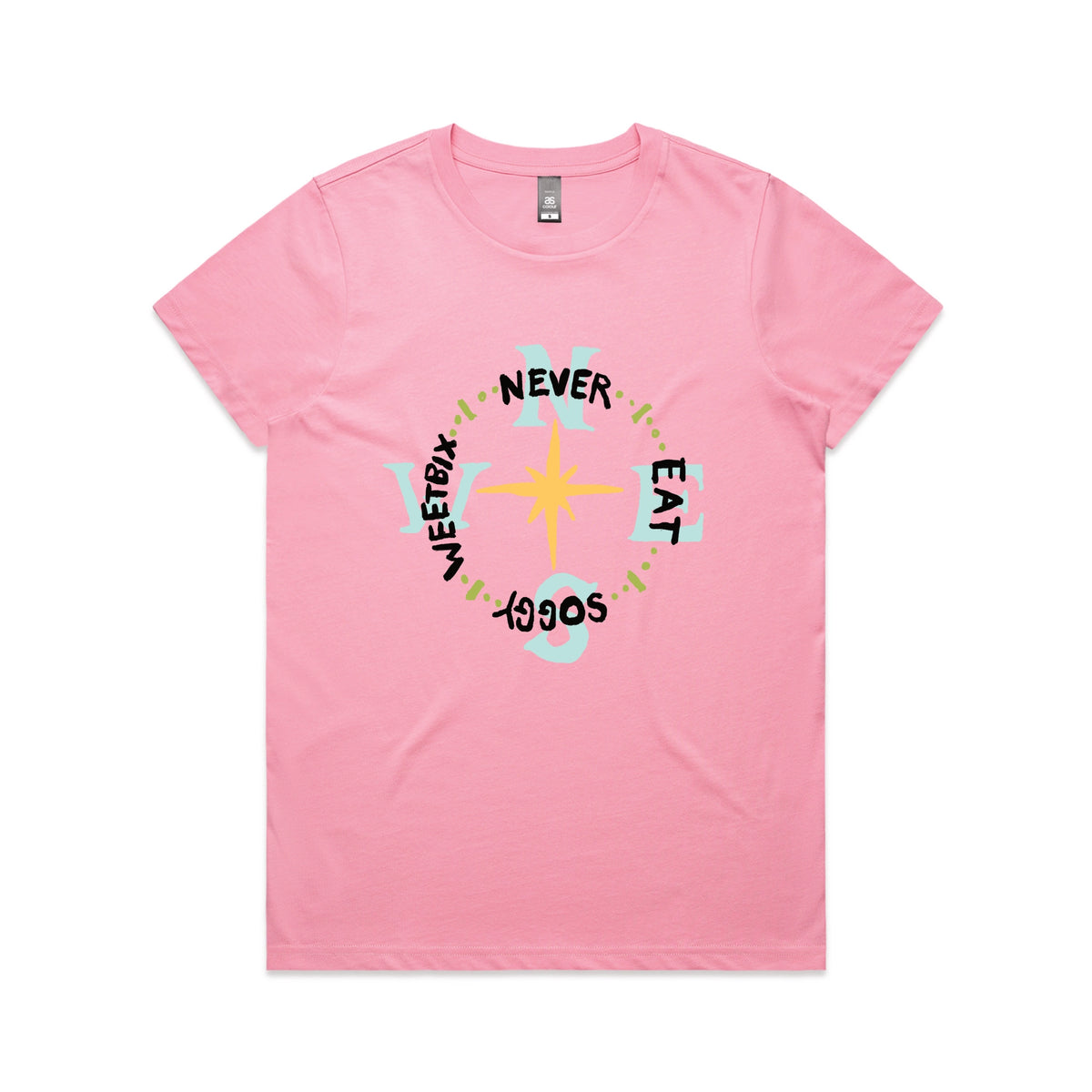 Bubblegum fitted womens t-shirt with Never Eat Soggy Weetbix graphic by Lonely Kids Club