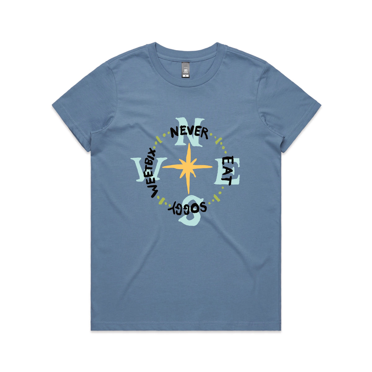 Carolina Blue fitted womens t-shirt with Never Eat Soggy Weetbix graphic by Lonely Kids Club