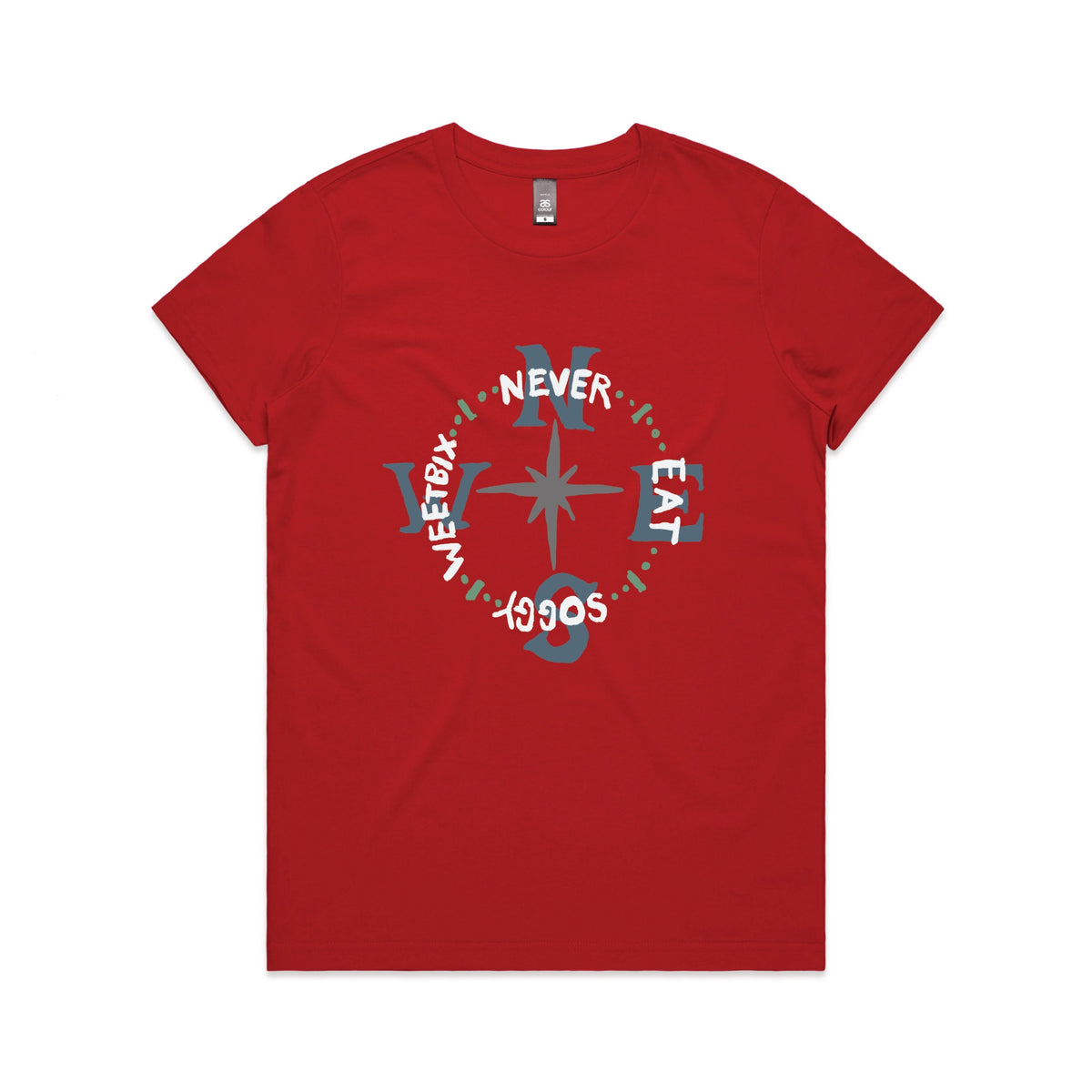 Red fitted womens t-shirt with Never Eat Soggy Weetbix graphic by Lonely Kids Club