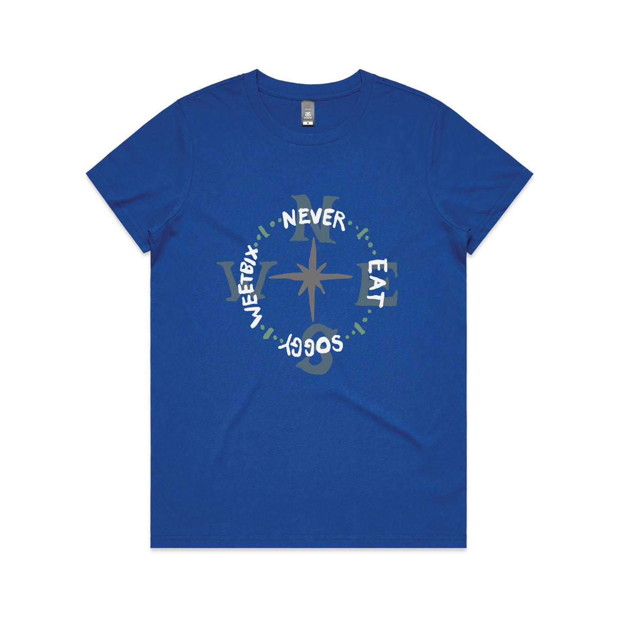 Royal Blue fitted womens t-shirt with Never Eat Soggy Weetbix graphic by Lonely Kids Club