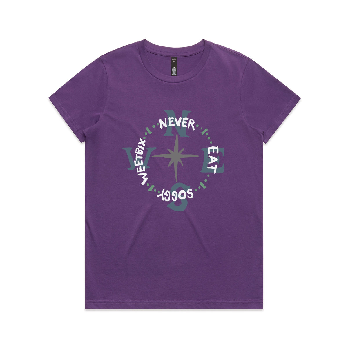 Purple fitted womens t-shirt with Never Eat Soggy Weetbix graphic by Lonely Kids Club