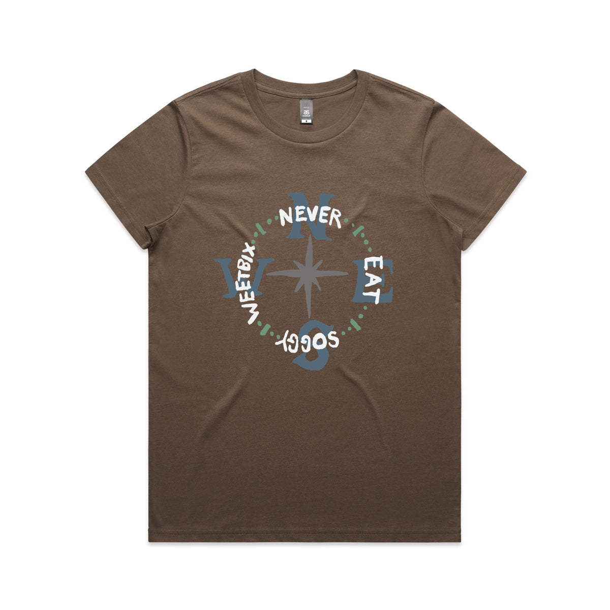 Walnut fitted womens t-shirt with Never Eat Soggy Weetbix graphic by Lonely Kids Club