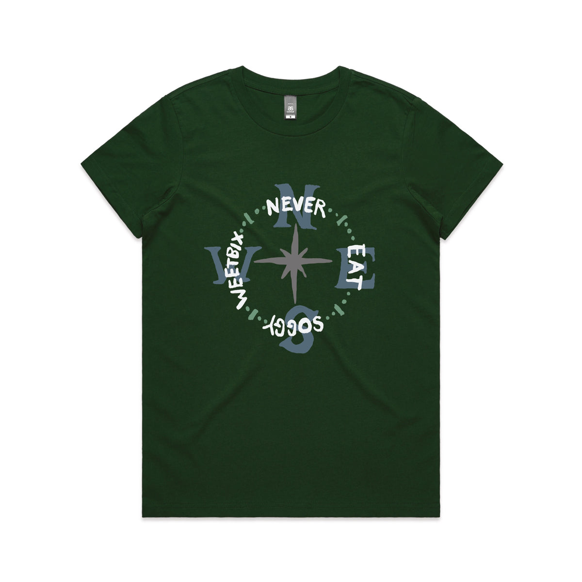 Forest Green fitted womens t-shirt with Never Eat Soggy Weetbix graphic by Lonely Kids Club
