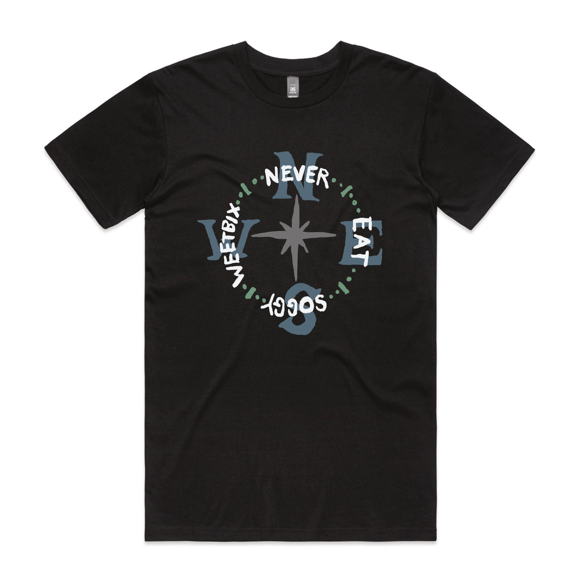 Black unisex t-shirt with Never Eat Soggy Weetbix graphic by Lonely Kids Club