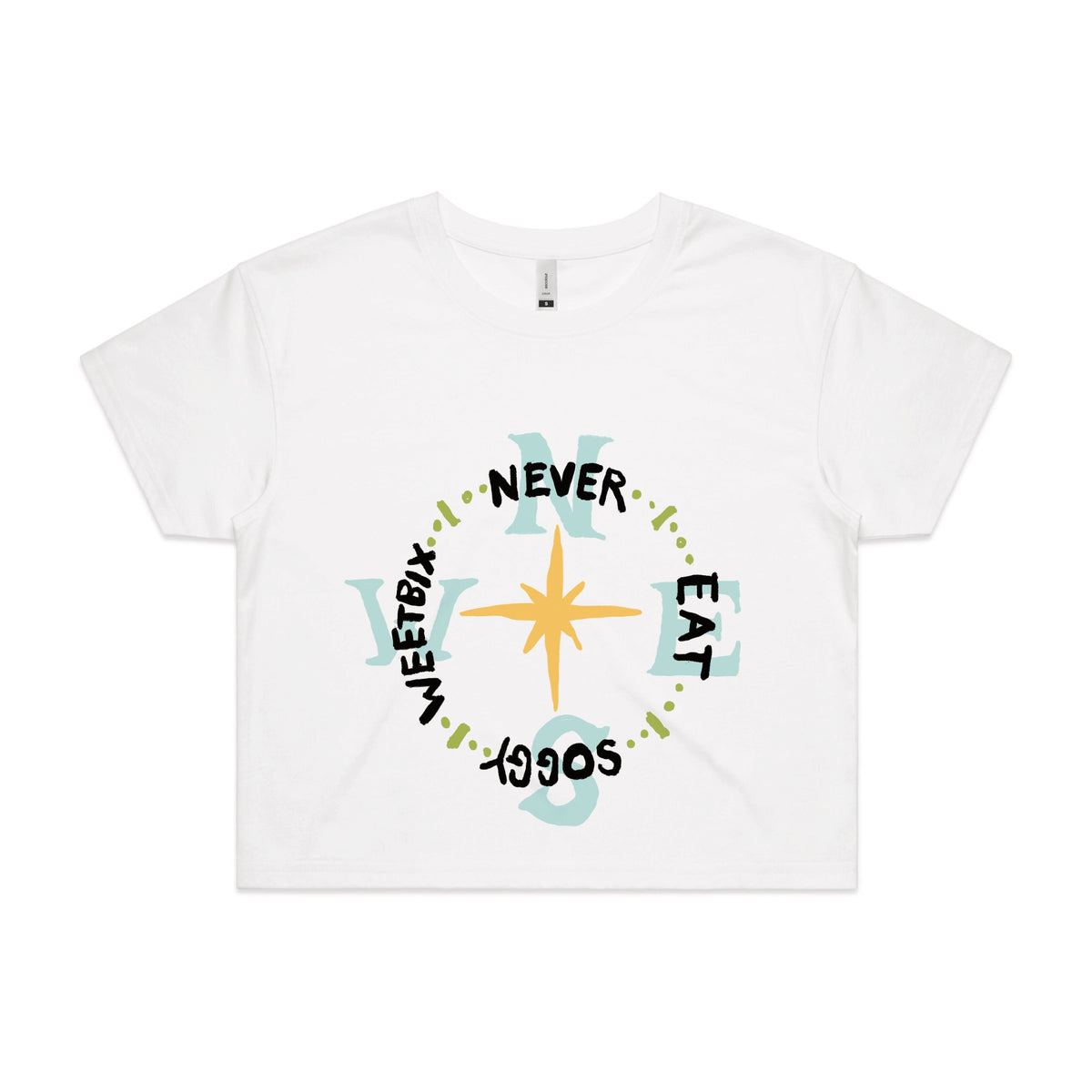 White crop top with Never Eat Soggy Weetbix graphic by Lonely Kids Club