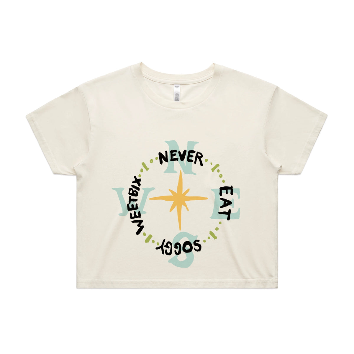 Ecru crop top with Never Eat Soggy Weetbix graphic by Lonely Kids Club
