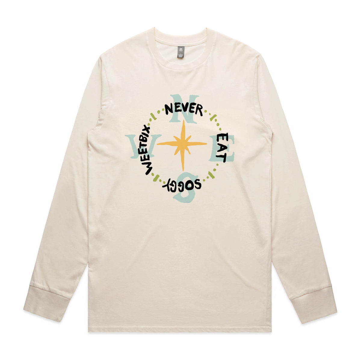 Ecru long sleeve t-shirt with Never Eat Soggy Weetbix graphic by Lonely Kids Club