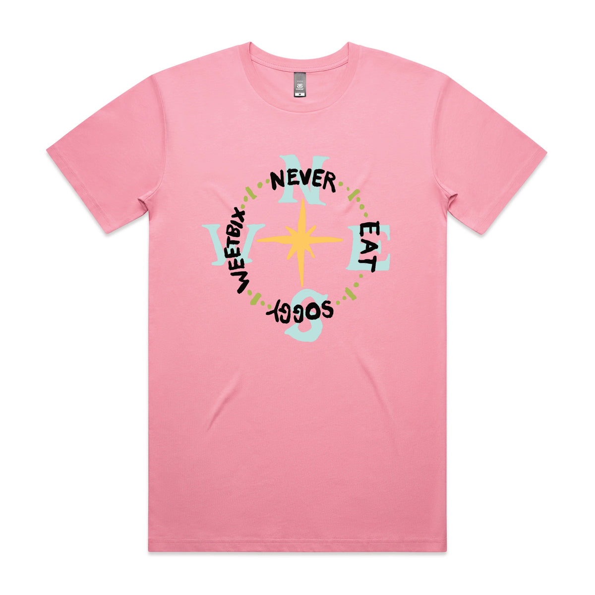 Bubblegum unisex t-shirt with Never Eat Soggy Weetbix graphic by Lonely Kids Club