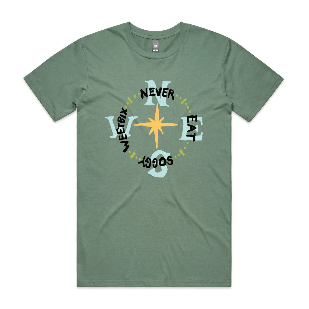 Sage unisex t-shirt with Never Eat Soggy Weetbix graphic by Lonely Kids Club
